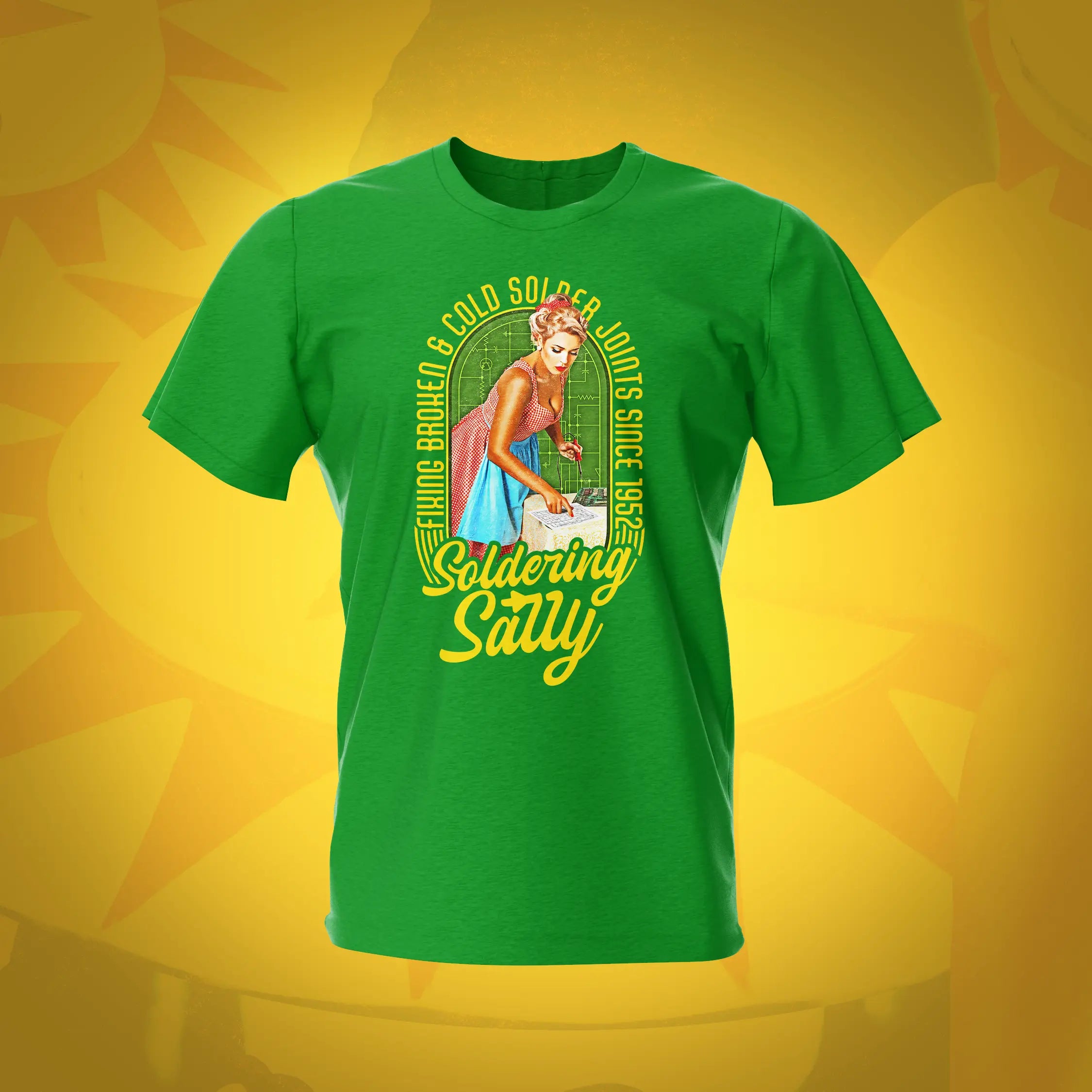 Soldering Sally Pinup Pinball Irish Green T-Shirt | Pinball Invasion